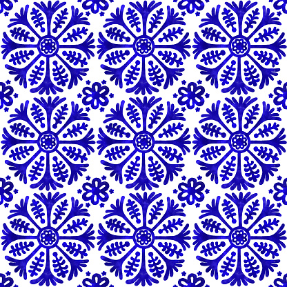 Watercolor Hand Painted Navy Blue Tile. Vector tile pattern, Lisbon Arabic Floral Mosaic, Mediterranean Seamless Navy Blue Ornament