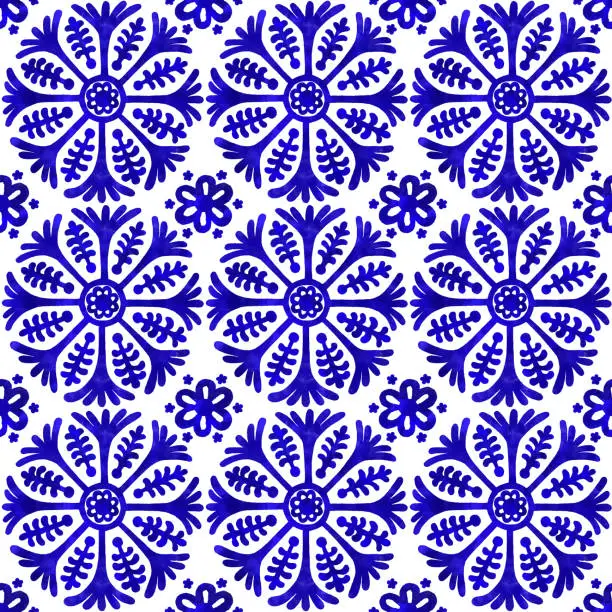 Vector illustration of Watercolor Hand Painted Navy Blue Tile. Vector tile pattern, Lisbon Arabic Floral Mosaic, Mediterranean Seamless Navy Blue Ornament