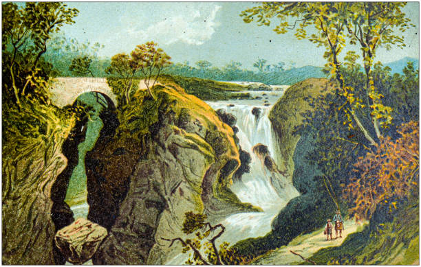 antyczne malarstwo miast szkocji, jezior i gór: dudnienie mostu i upadki braam, w pobliżu dunkeld - rumbling stock illustrations