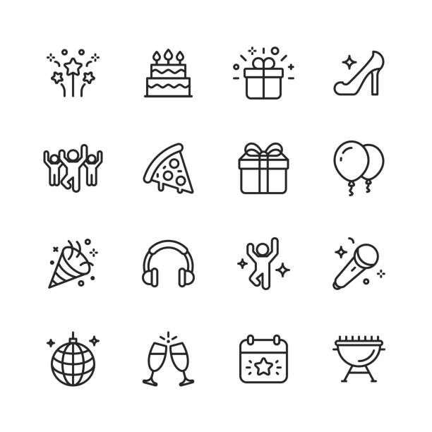 Party Line Icons. Editable Stroke. Pixel Perfect. For Mobile and Web. Contains such icons as Party, Decoration, Disco Ball, Dancing, Nightlife. 16 Party Outline Icons. entertainment stock illustrations