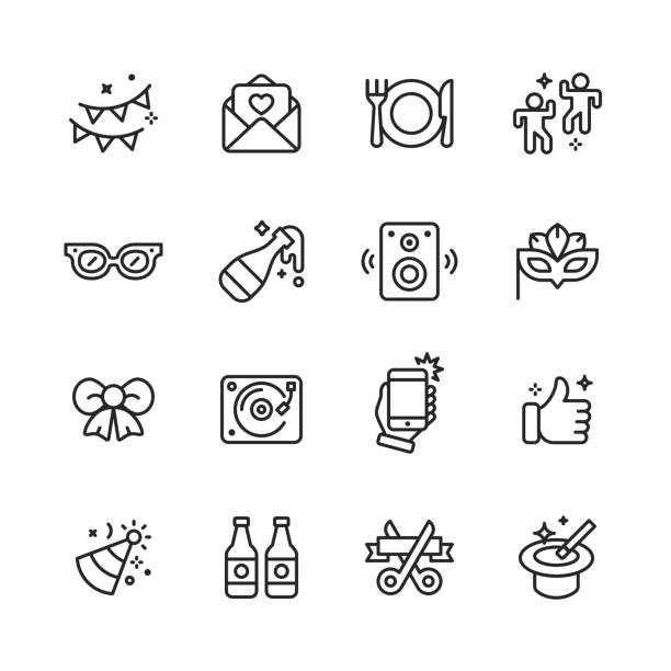ilustrações de stock, clip art, desenhos animados e ícones de party line icons. editable stroke. pixel perfect. for mobile and web. contains such icons as party, invitation, dancing, nightlife, selfie, beer, thumbs up, party hat. - dance floor audio