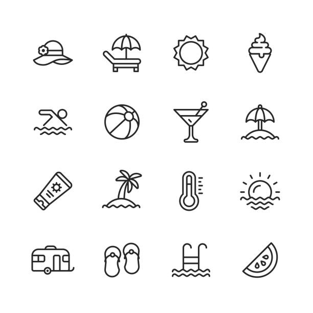 ilustrações de stock, clip art, desenhos animados e ícones de summer line icons. editable stroke. pixel perfect. for mobile and web. contains such icons as summer, beach, party, sunbed, sun, swimming, travel, watermelon, cocktail. - beach nautical vessel party clothing