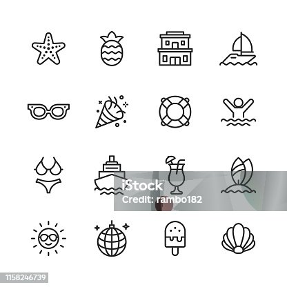 istock Summer Line Icons. Editable Stroke. Pixel Perfect. For Mobile and Web. Contains such icons as Summer, Party, Boat, Cruise, Hotel, Disco Ball, Cocktail, Sun. 1158246739