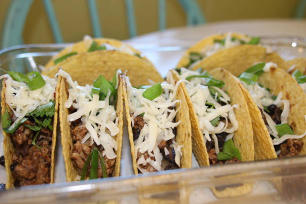 istock three beef tacos with cheese, lettuce and tomatoes 1158248813