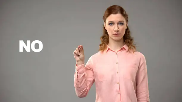 Woman showing no in sign language, text on background, communication for deaf