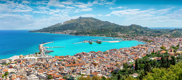 Panoramic view to the town of Zakynthos island, with venetian architecture and turquoise sea in the harbour, Greece