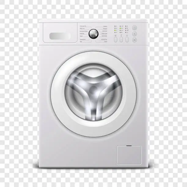 Vector illustration of Vector 3d Realistic Modern White Steel Washing Machine Icon Closeup Isolated on Transparent Background. Design Template of Wacher. Front View, Laundry Concept