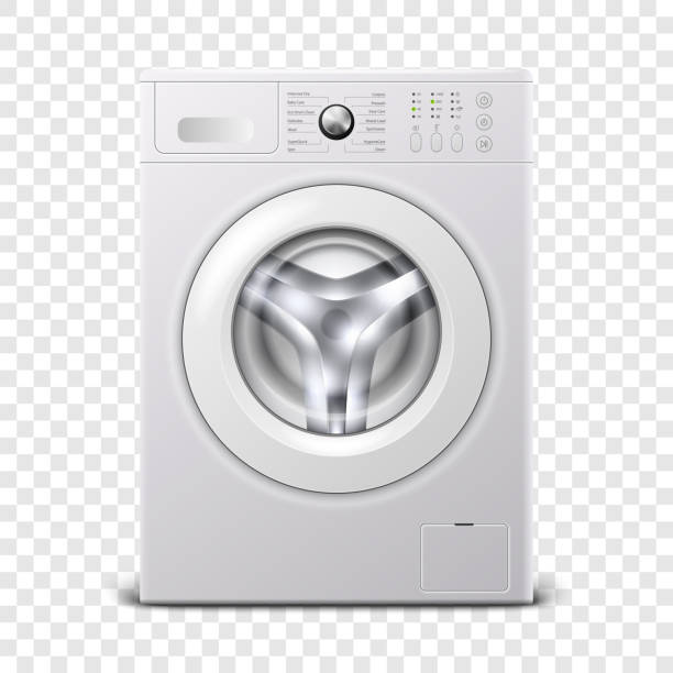 向量 3d 逼真的現代白色鋼制洗衣機圖示特寫隔離在透明背景上。瓦徹的設計範本。前視圖,洗衣概念 - washing machine 幅插畫檔、美工圖案、卡通及圖標