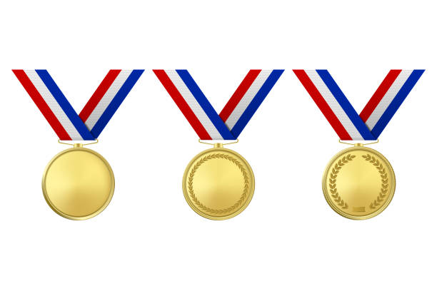 istock Vector 3d Realistic Gold Award Medal Icon Set with Color Ribbons Closeup Isolated on White Background. The First Place, Prizes. Sport Tournament, Victory or Winner Concept 1158253582