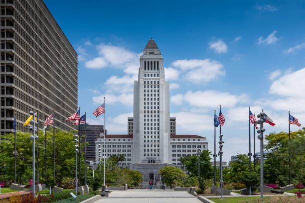 Editorial view of the historic Los Angeles city hall building. This building stated being built in 1926 and was completed in April of 1928.