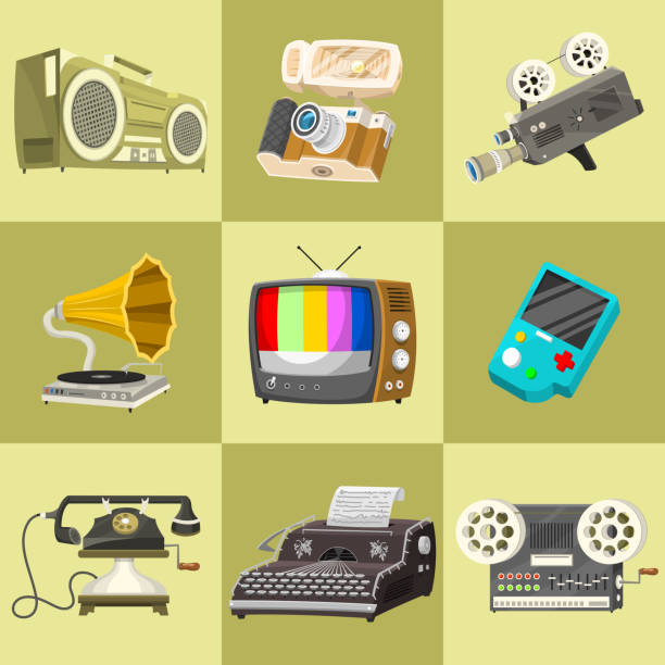 ilustrações de stock, clip art, desenhos animados e ícones de vintage devices icons. retro tech media, television tv, audio radio music, electronic sound recorders, movie camera, typewriter and console, vinyl player. set of old gadgets and multimedia technology - typewriter retro revival old fashioned the media