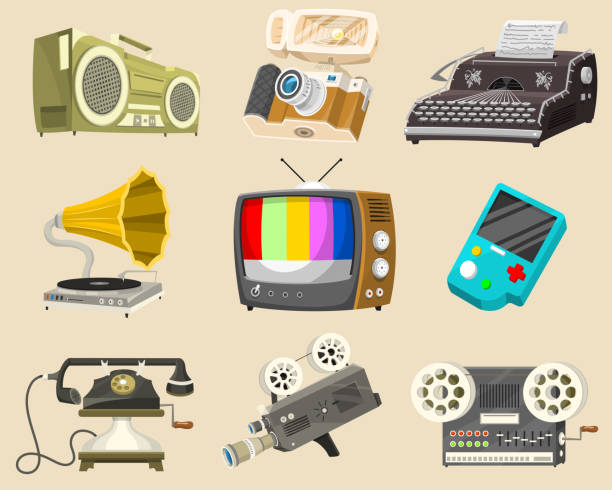 ilustrações de stock, clip art, desenhos animados e ícones de vintage devices icons. retro tech media, television tv, audio radio music, electronic sound recorders, movie camera, typewriter and console, vinyl player. set of old gadgets and multimedia technology - typewriter retro revival old fashioned the media