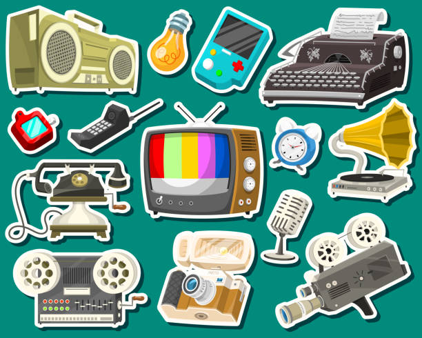 ilustrações de stock, clip art, desenhos animados e ícones de vintage devices icons. retro tech media, television tv, audio radio music, electronic sound recorders, movie camera, typewriter and console, vinyl player. set of old gadgets and multimedia technology - typewriter retro revival old fashioned the media