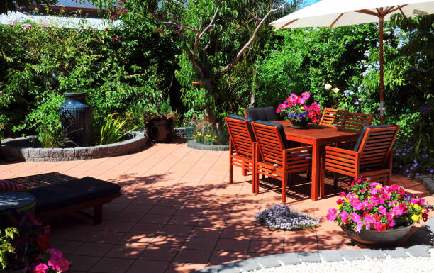 istock Beautiful summertime Mediterranean style courtyard garden setting. 1158262107