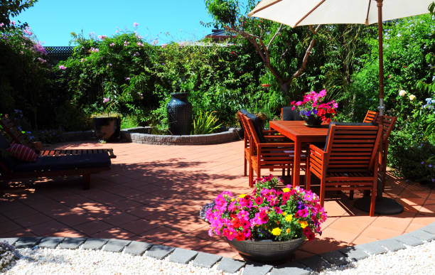 istock Beautiful summertime Mediterranean style courtyard garden setting. 1158262604