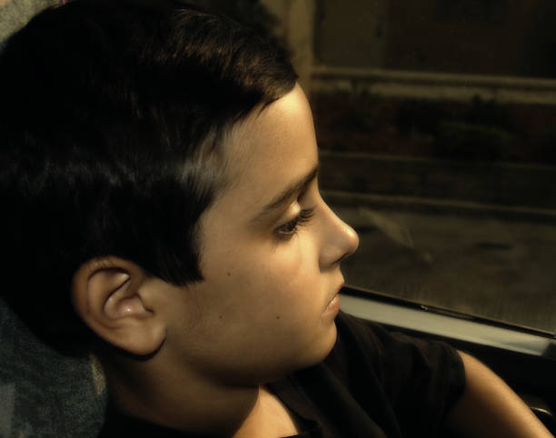 istock Boy riding the bus at sunset, looking through window. 115826400