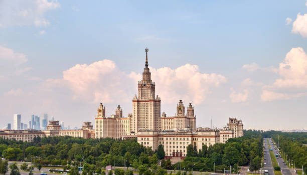 istock Wide angle panoramic view of Moscow  university campus under dramatic sky in summer 1158267959