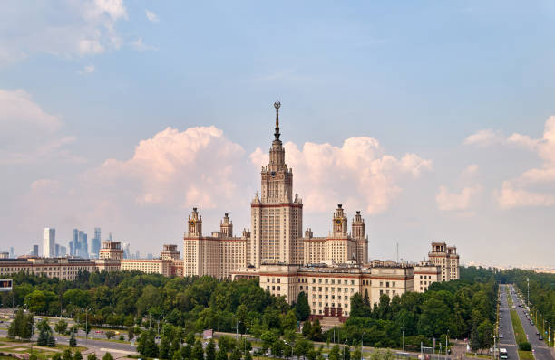 istock Wide angle panoramic view of Moscow  university campus under dramatic sky in summer 1158267963