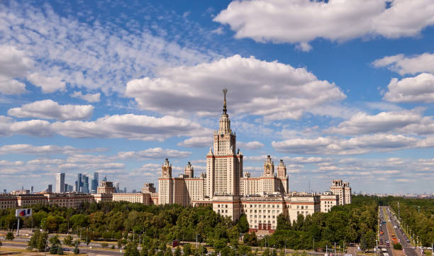 istock Wide angle panoramic view of Moscow  university campus under dramatic sky in summer 1158268047