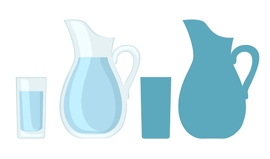 Full glass and jug of water. Flat vector design and blue silhouette. Vector illustration isolated on white background.