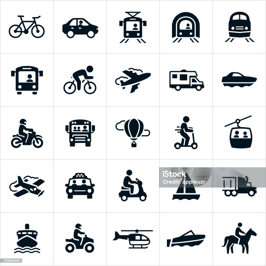 Transportation Icons A set of different modes of transportation. The modes of transportation include a bicycle, car, light rail, subway, train, bus, airplane, motorhome, yacht, boat, motorcycle, school-bus, hot air balloon, scooter, motor scooter, gondola, taxi, motorized scooter, sailboat, semi truck, cruise ship, four wheeler, helicopter and horse. Icon stock vector