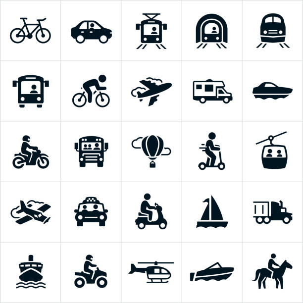 Transportation Icons A set of different modes of transportation. The modes of transportation include a bicycle, car, light rail, subway, train, bus, airplane, motorhome, yacht, boat, motorcycle, school-bus, hot air balloon, scooter, motor scooter, gondola, taxi, motorized scooter, sailboat, semi truck, cruise ship, four wheeler, helicopter and horse. scooter stock illustrations