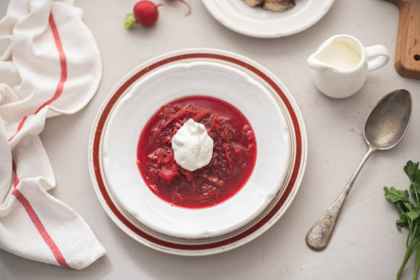 istock Borscht, Traditional Ukrainian vegetable soup with beetroot and sour cream 1158270906