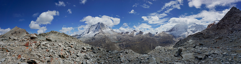 wide panorama mountain landscape in the central Cordillera Blanca in the Andes of Peru