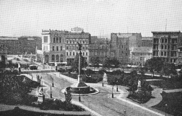 The Peace Column at Mehringplatz in Berlin, Germany. The German Empire/Imperial Germany era (circa mid 19th century). Vintage halftone photo etching circa late 19th century.