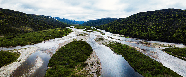 Aerial panoramic view of the LaPoile River on Newfoundland's South coast.