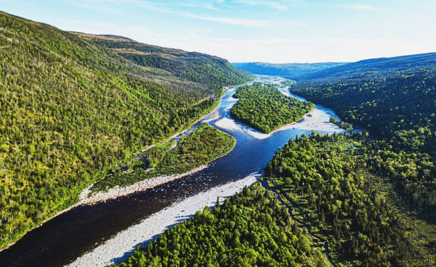 Newfoundland River Aerial panoramic view of the LaPoile River on Newfoundland's South coast. estuary photos stock pictures, royalty-free photos & images