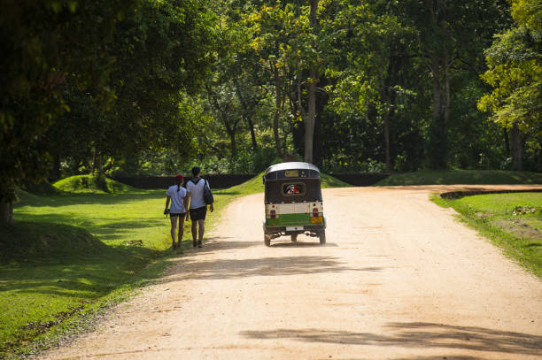 An auto-rickshaw (also called tuc tuc or tuk tuk) is heading towards the Lion Rock in Sigiriya. Lion Rock in Sigiriya is one of the most popular monuments in Sri Lanka. Sigiriya, Sri Lanka, March 17, 2018. An auto-rickshaw (also called tuc tuc or tuk tuk) is heading towards the Lion Rock in Sigiriya. Lion Rock in Sigiriya is one of the most popular monuments in Sri Lanka. taxi sri lanka stock pictures, royalty-free photos & images