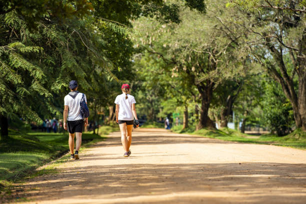 A couple of tourists is walking on a path that leads to the Lion Rock in Sigiriya. Lion Rock in Sigiriya is one of the most popular landmarks in Sri Lanka. Sigiriya, Sri Lanka, March 17, 2018. A couple of tourists is walking on a path that leads to the Lion Rock in Sigiriya. Lion Rock in Sigiriya is one of the most popular landmarks in Sri Lanka. taxi sri lanka stock pictures, royalty-free photos & images