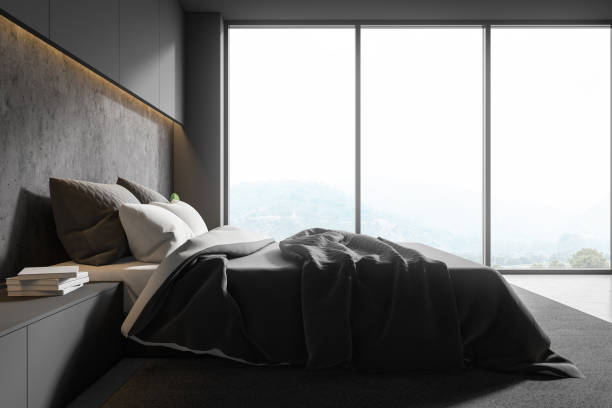 istock Side view of gray and stone bedroom interior 1158277787