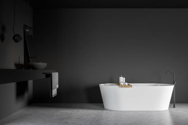 istock Gray bathroom with tub and sink 1158277799