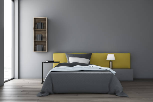 istock Gray bedroom interior with bookshelves 1158277872