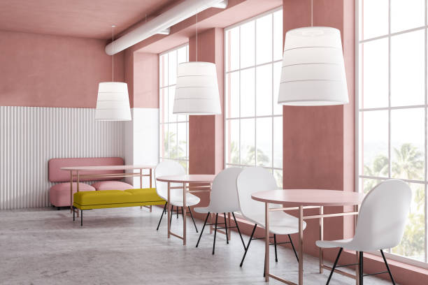 istock Bright pink and white restaurant interior 1158278223