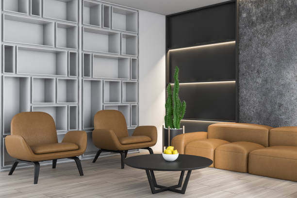 istock Concrete living room with sofa and bookcase 1158278590