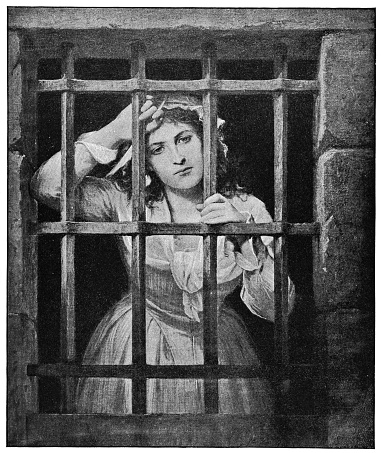 Charlotte Corday in Prison by Charles Louis Muller (circa 19th century). Vintage etching circa late 19th century.