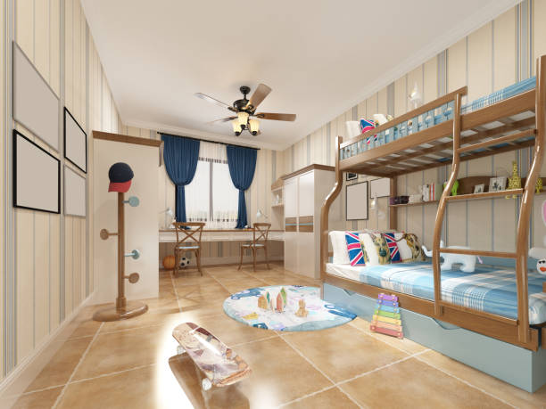 rendering 3d della stanza dei bambini con letto a castello - domestic room child furniture nobody foto e immagini stock