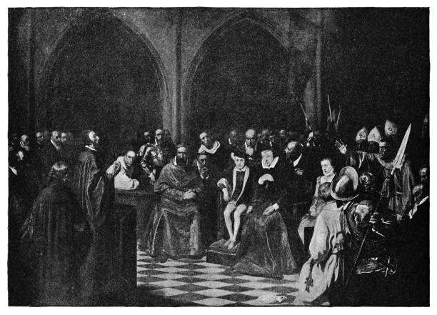The Colloquy at Poissy by Joseph-Nicolas Robert-Fleury (circa 19th century). Vintage etching circa late 19th century.