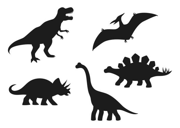 dinosaurier-vektor-silhouetten - t-rex, brachiosaurus, pterodactyl, triceratops, stegosaurus. nette flache dinosaurier isoliert - geologic time scale stock-grafiken, -clipart, -cartoons und -symbole