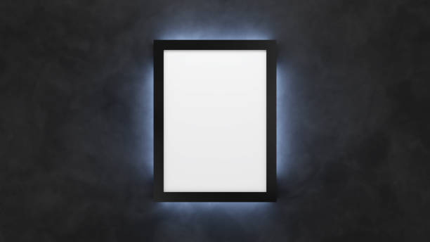 poster mockup on the black wall with backlight. 3d render lightbox template. - lightbox imagens e fotografias de stock