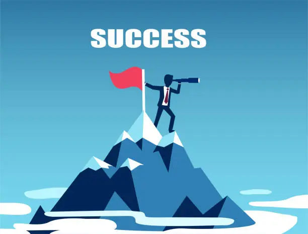 Vector illustration of Vector of a businessman standing on top of the mountain using telescope looking for success