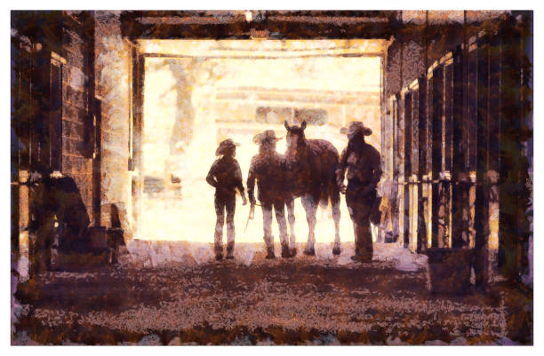 istock Cowgirls at a horse stable in a ranch - digital photo manipulation 1158286580