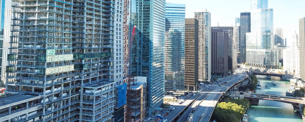 istock Panoramic top view skyline and office buildings along Chicago river 1158286689