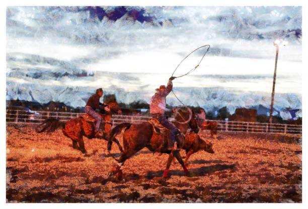 illustrazioni stock, clip art, cartoni animati e icone di tendenza di azione rodeo di squadra - manipolazione fotografica digitale - illustration and painting animal cowboy horse