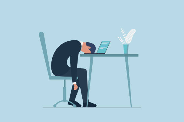 ilustraciones, imágenes clip art, dibujos animados e iconos de stock de síndrome de agotamiento profesional. agotado enfermo cansado gerente masculino en la oficina triste aburrido sentado con la cabeza hacia abajo en la computadora portátil. problemas de salud mental de los trabajadores frustrados. vector larga día de trab - dibujos animados hombre preocupado de trabajo