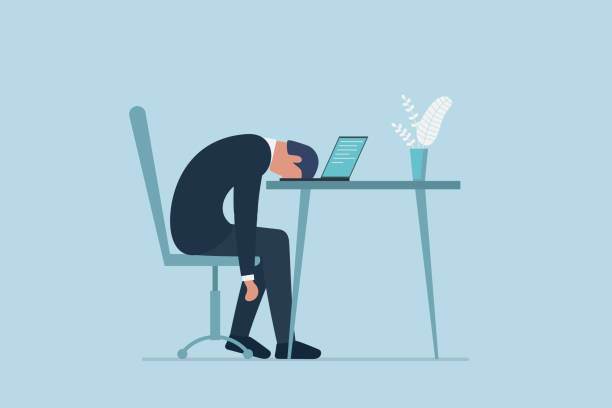 Professional burnout syndrome. Exhausted sick tired male manager in office sad boring sitting with head down on laptop. Frustrated worker mental health problems. Vector long work day illustration Professional burnout syndrome. Exhausted sick tired male manager in office sad boring sitting with head down on laptop. Frustrated worker mental health problems. Vector long work day eps illustration worried stock illustrations