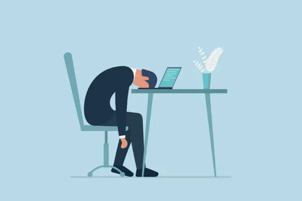 Vector illustration of Professional burnout syndrome. Exhausted sick tired male manager in office sad boring sitting with head down on laptop. Frustrated worker mental health problems. Vector long work day illustration